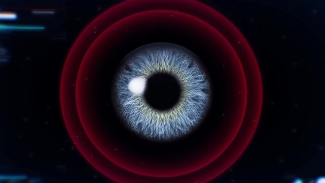 Human eye iris centered in futuristic digital interface with glowing red circular surround