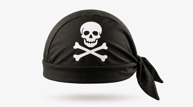 Black bandana pirate hat with skull and crossbones print, biker headwear cap isolated on white background, gothic pirate costume accessory for fashion and Halloween design concept