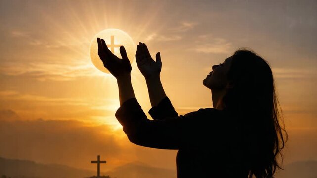 of a woman in prayer position with the sun radiating behind her, featuring a cross in the center.