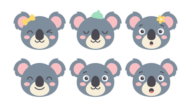 Cute Koala Bear Head Vector Avatar Set featuring Kawaii Marsupial Face Expressions with Yellow Bow, Green Hat, Sleeping Eyes, and Surprised Look