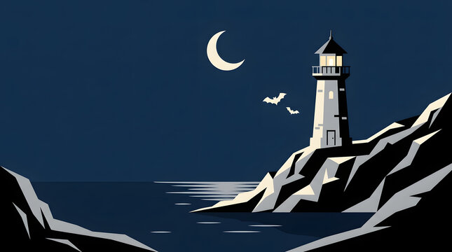 A dramatic coastal landscape with a towering lighthouse brightly lit against a deep dark night sky and a delicate crescent moon