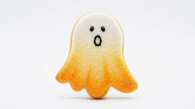 Ghost Shaped Sugar Cookie with Orange Ombre Icing Isolated on White Background, Halloween Bakery Dessert, Cute Spooky Party Treat Food Photography Concept