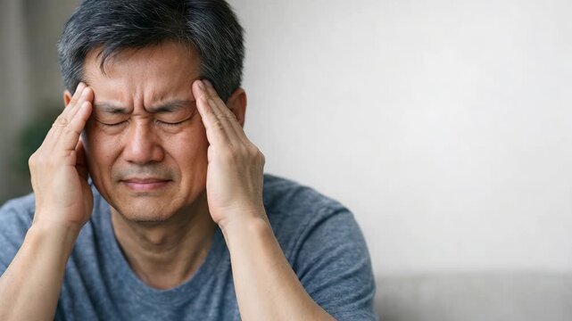 Bleary-eyed man with hand pressing against his head. Disappointed or stressed expression.