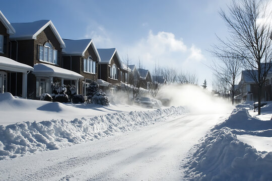 Snowy street with houses and blowing snow on a sunny day.