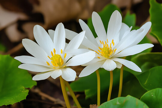 Two delicate white bloodroot flowers blooming in a spring forest.