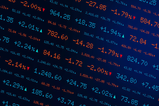 Stock market numbers and financial trading data displayed as digital market indicators with positive and negative percentage changes. Concept investment, stock exchange, finance and market analysis.