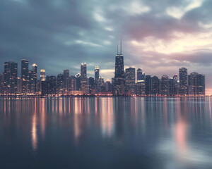Naklejka premium Urban city skyline view at twilight with modern skyscrapers reflecting on calm water