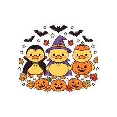 Fototapeta premium Cute cartoon ducklings dressed in halloween costumes including a vampire a witch and a pumpkin surrounded by bats and autumn leaves illustration