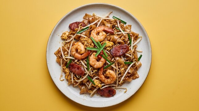 Delicious Char Kway Teow on White Plate with Shrimp and Vegetables
