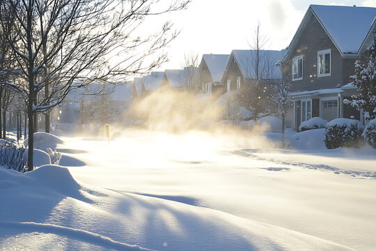 Winter snow blowing across a residential street with houses.