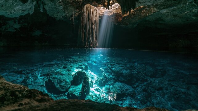 Sunbeam Illuminating Turquoise Cenote Cave Pool
