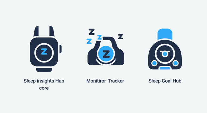 Set of sleep insights hub monitor tracker sleep goal hub icons representing wellness and rest tracking insights wellness technology statistics analysis application lifestyle improvement