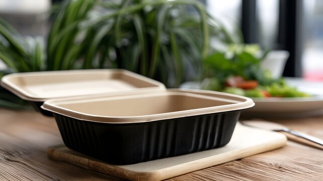 A black molded paper food container sits open on a wooden cutting board with green plants and salad in soft focus background