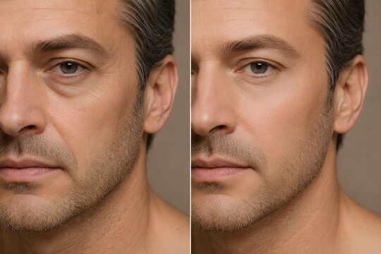 Men midface lift before and after cosmetic treatment result. Premium cheek volume restoration and nasolabial folds smoothing comparison close up