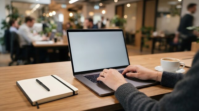 Person working on a laptop in a modern open plan office