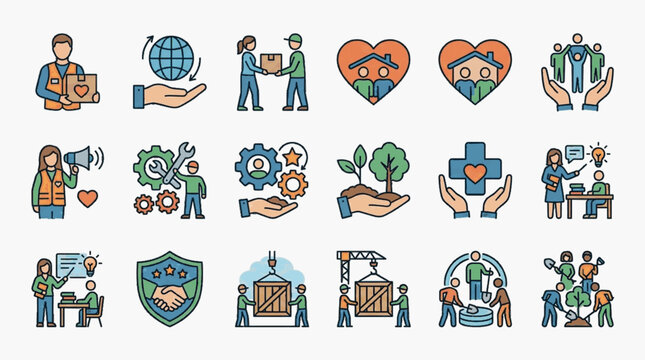Corporate social responsibility icons including volunteering, environmental protection, global logistics, healthcare, education, community support, and charity work vector set.