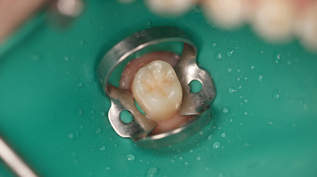 Close-up macro photograph of a patient's molar tooth isolated during a dental procedure using a green rubber dam system with a metal clamp and water droplets, illustrating sterile endodontic treatm...