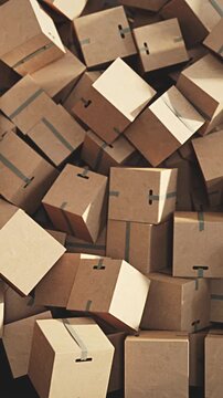 Paper parcel boxes drop falling on ground with background bokeh. 3D animation. Business ecommerce concept idea. 