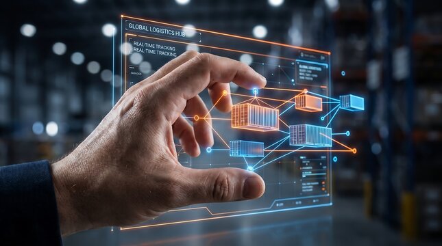 Male hand interacting with holographic global logistics hub tracking shipping containers.