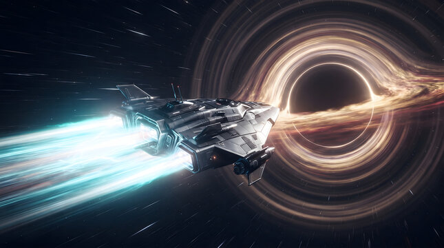 A detailed sci-fi spaceship accelerates through deep space at warp speed, leaving bright blue light trails as it approaches a massive black hole with a glowing orange accretion disk. Perfect for sc...