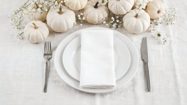 Elegant autumn table setting with white pumpkins and a plate with a napkin and silverware for a festive dinner party