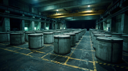 Fototapeta premium An expansive dark underground facility housing rows of sealed concrete containment canisters, featuring yellow warning lines on the floor, dramatic overhead lighting, and an industrial gantry crane...