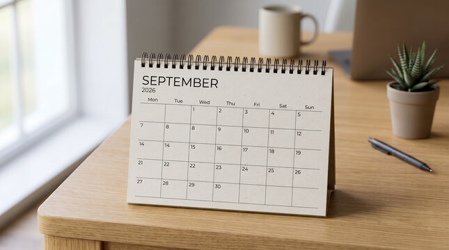 Spiral-bound desk calendar showing September 2026 sits on a wooden desk with a coffee mug, laptop, potted succulent, and pen, near a window.