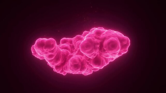Luminous pink cloud formation floating in dark void emitting glowing particles
