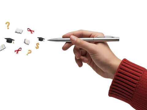 Hand holding a digital stylus with floating creative symbols