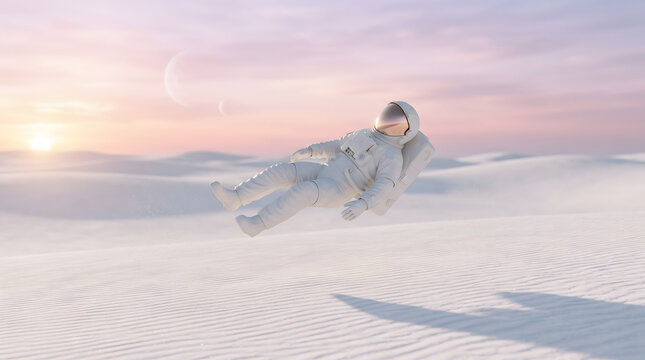Surreal sci-fi digital illustration of an astronaut floating horizontally over white sand dunes during a peaceful pastel sunset. Minimalist alien planet landscape featuring a soft pink sky with fai...