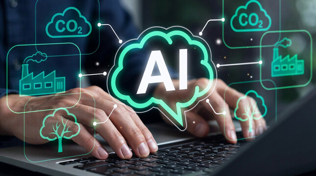 Artificial Intelligence Carbon Emission Concept: Hands Typing on Laptop with Digital AI Brain, CO2, Factory and Tree Icons for Environmental Sustainability, Climate Change and Carbon Footprint Reducti