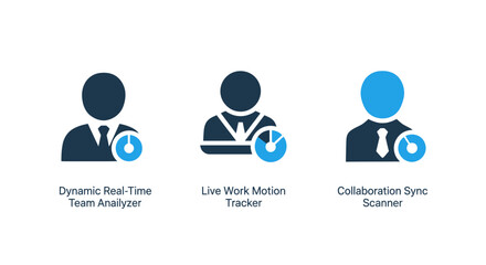 Fototapeta premium Dynamic real time team analyzer live work motion tracker collaboration sync scanner vector icons analyzer collaboration analysis business management productivity performance tracking