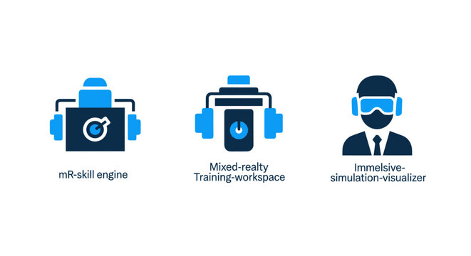 Collection of blue and dark gray flat vector icons representing mixed reality skill engine training workspace immersive simulation visualizer workspace visualizer simulation training