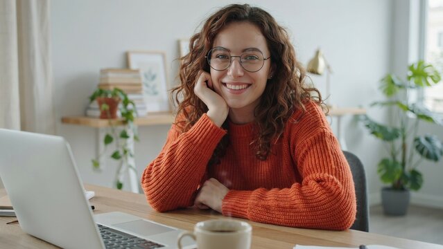 Smiling young woman with curly hair sitting at desk working on a laptop computer setup with wearing glasses orange sweater sitting wooden cheerful woman