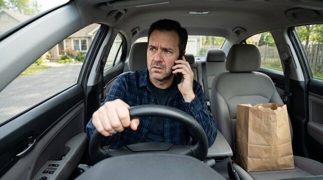Concerned man on phone call in car outside suburban home