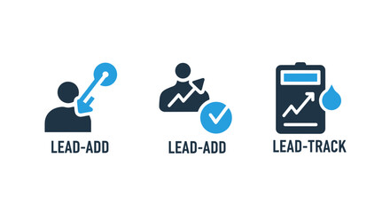 Fototapeta premium Lead add and lead track business icons set depicting customer acquisition and growth with business customer acquisition clipboard marketing management statistics analytics progress strategy