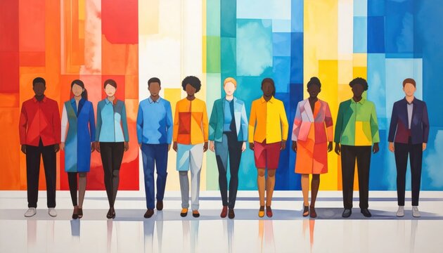 Diverse group of people standing against a colorful abstract wall
