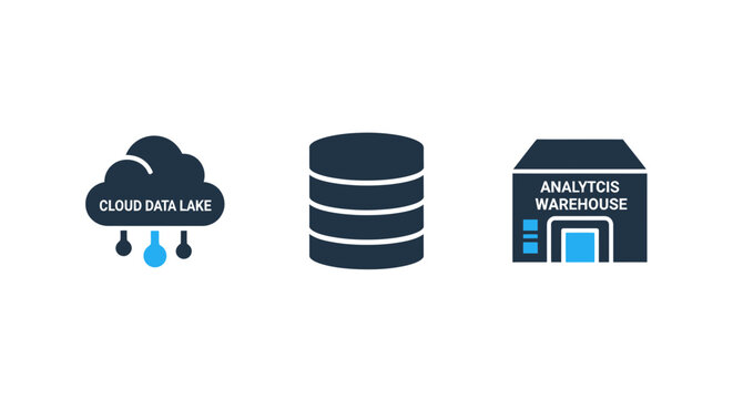 Set of blue and dark grey corporate icons representing cloud data lake database analytics warehouse for big data management database analytics warehouse information management structure
