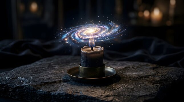 Surreal Candle with a Glowing Galaxy Spiral Emerging from the Flame in a Dark Setting