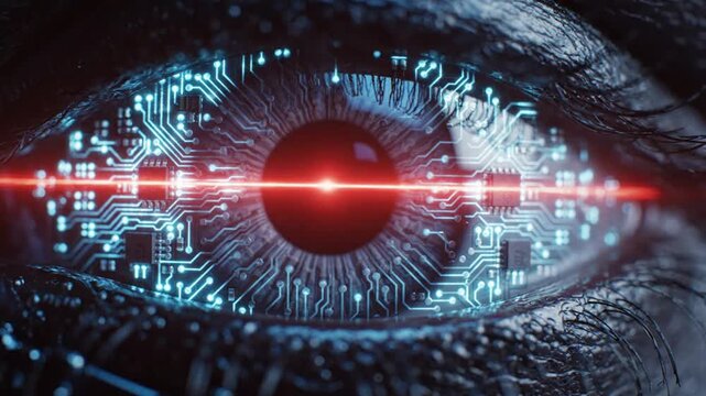 Human eye with integrated circuit board patterns being scanned by laser light