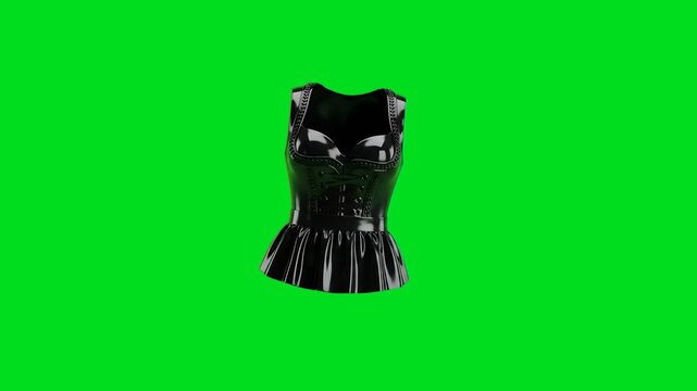 Black latex sleeveless peplum corset top isolated on a bright green background
