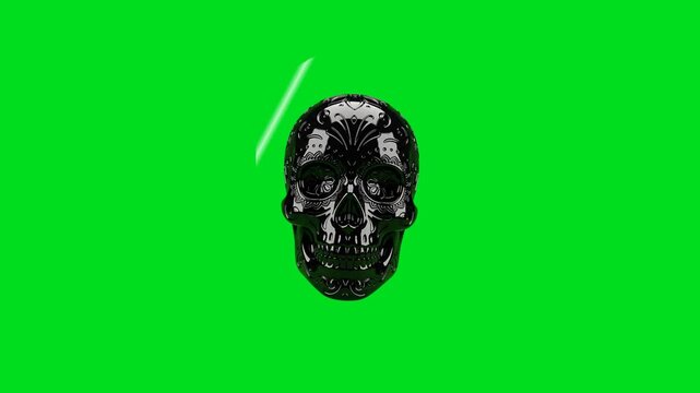 Intricate black ornate skull sculpture centered on a vivid green background