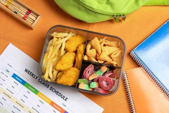 Junk food kids nutrition concept, unhealthy school lunchbox