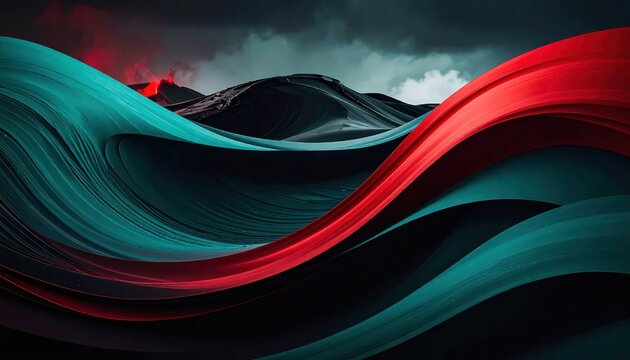 Abstract flowing teal and red ribbons over dark volcanic landscape