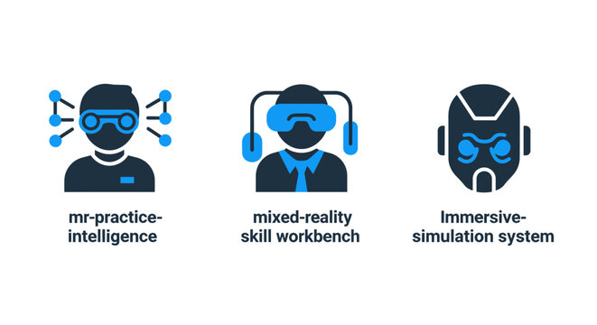 Mixed reality and immersive simulation technology vector icons showing virtual practice intelligence workbench system with immersive simulation intelligence practice illustration technology