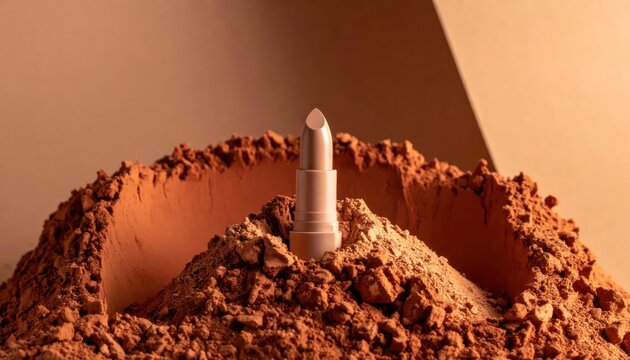 Nude lipstick standing in a pile of terracotta powder