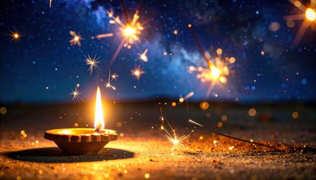 Lit diya lamp and burning sparklers during Diwali festival night
