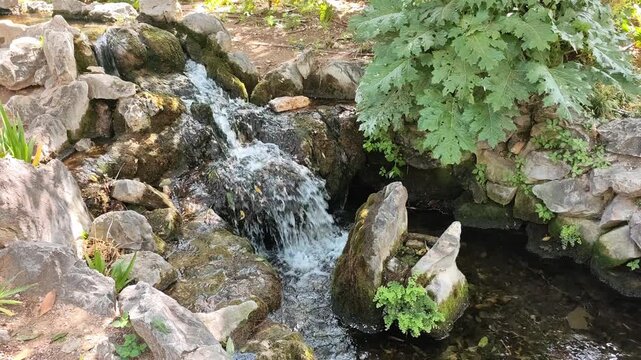 View of a peaceful cascading stream and clear, sunlit waters flowing over rocky mossy terrain amidst lush green Mediterranean foliage in the historic National Garden of Athens, Greece.