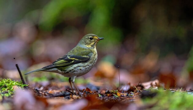 Small songbird standing on mossy forest floor in autumn