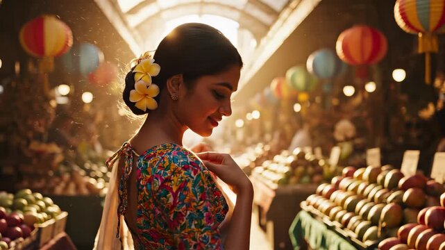 Beautiful woman in floral saree stands in fruit market. Young woman looks back smiling in traditional market. Female wears fresh flowers in hair. Warm sunset light shines on the woman in saree.